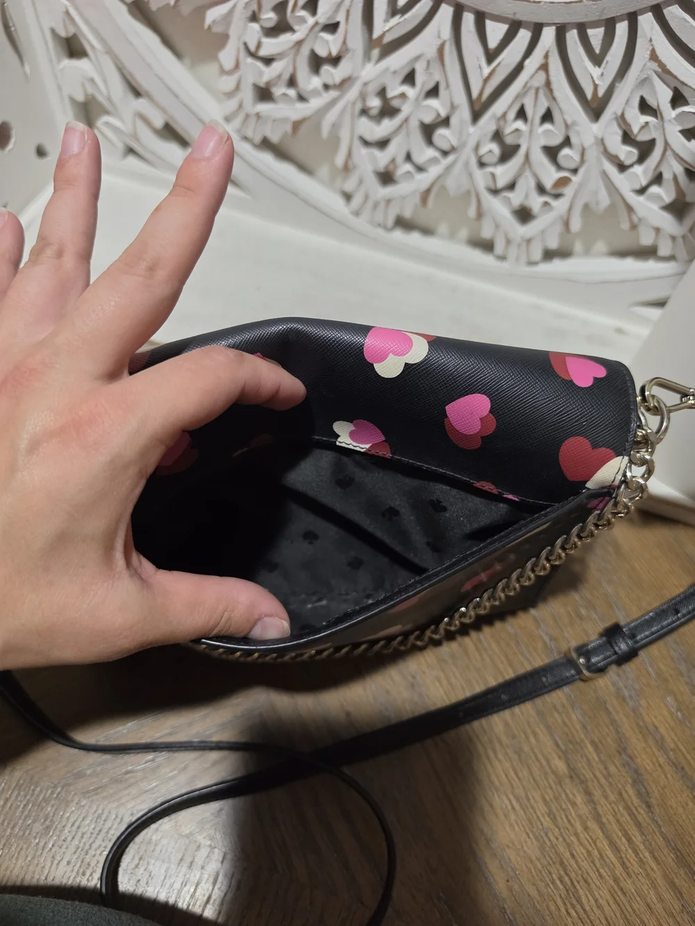 Kate Spade New York Heart Print Crossbody Purse | Black Multi | Gold Chain Strap